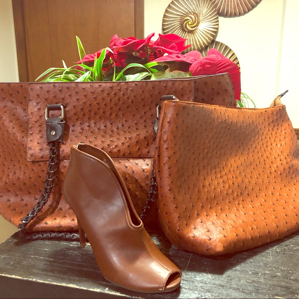 Ostrich Embossed Handbag & matching clutch purse